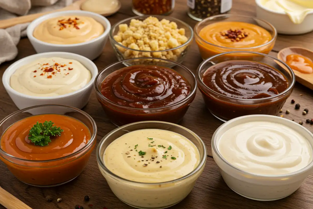 An array of colorful sauces in mismatched bowls, surrounded by cooking ingredients and utensils in a warm, inviting kitchen setting.
