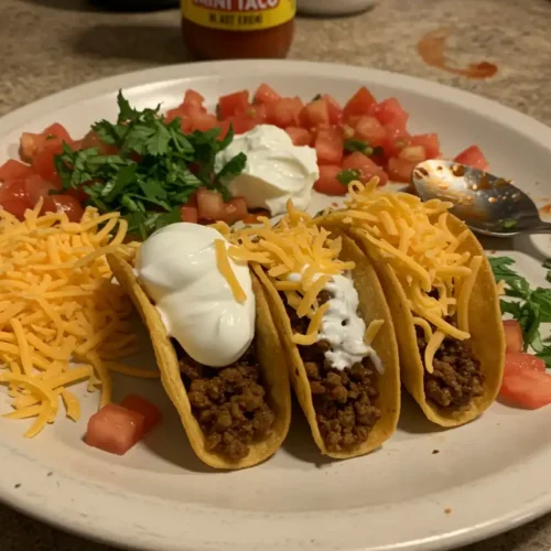 Jose Ole Mini Tacos Air Fryer: Crispy Perfection! 3 A plate of air-fried Jose Ole Mini Tacos with cheese, sour cream, tomatoes, cilantro, and hot sauce on a messy counter.