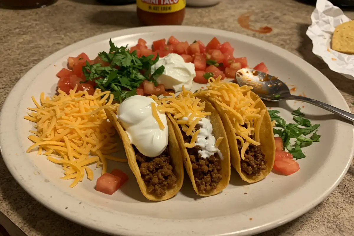 A plate of air-fried Jose Ole Mini Tacos with cheese, sour cream, tomatoes, cilantro, and hot sauce on a messy counter.