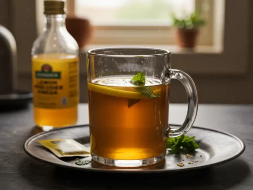 A glass mug of Costa Rican weight loss tea with lemon, mint, and apple cider vinegar on a messy kitchen counter.
