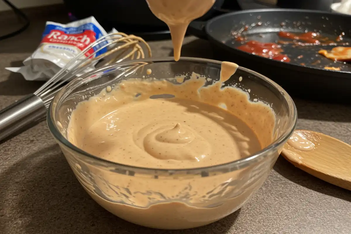A close-up photo of homemade Zax sauce in a bowl, surrounded by Ranch dressing packet, ketchup skillet, and a wooden spoon, in a lived-in kitchen setting.