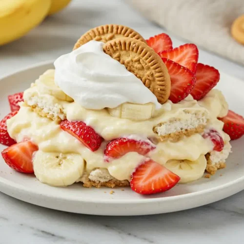 Close-up top-down view of Chessmen Strawberry Banana Pudding assembling in a glass 9x13 inch dish, showing distinct layers of cookies, fruit, and creamy pudding being spread.