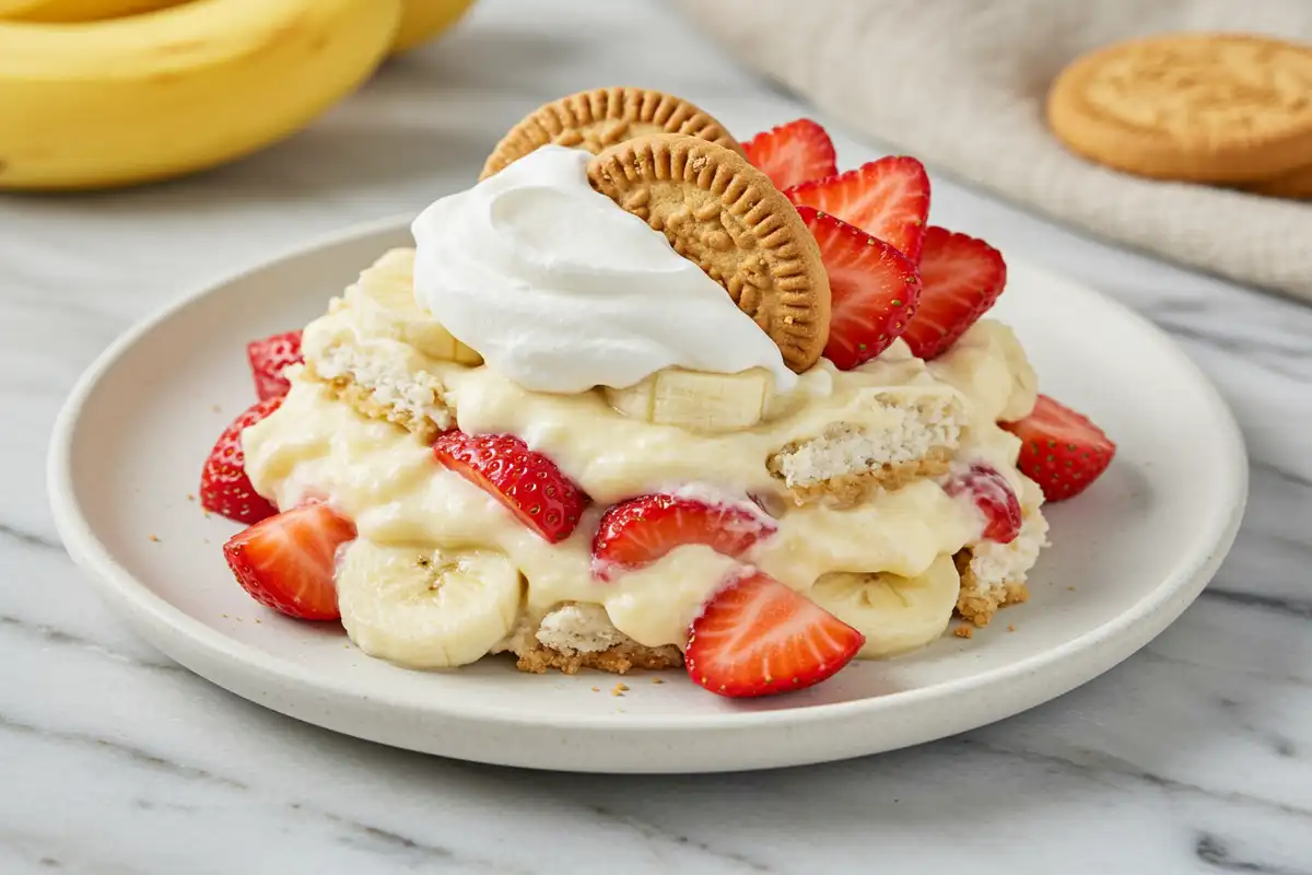 Close-up top-down view of Chessmen Strawberry Banana Pudding assembling in a glass 9x13 inch dish, showing distinct layers of cookies, fruit, and creamy pudding being spread.