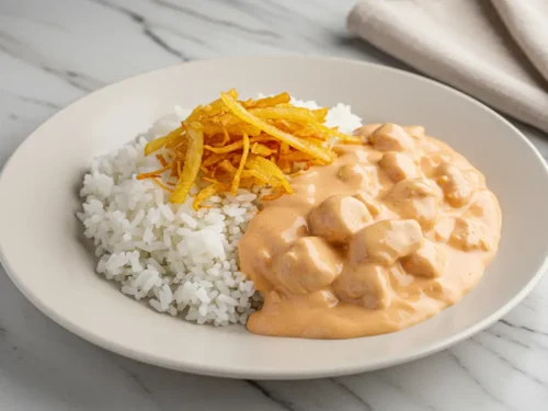 Close-up top-down view of the finished Brazilian Chicken Stroganoff served over white rice on a white plate with subtle wear, garnished generously with crispy potato sticks (batata palha), looking natural and home-prepared.
