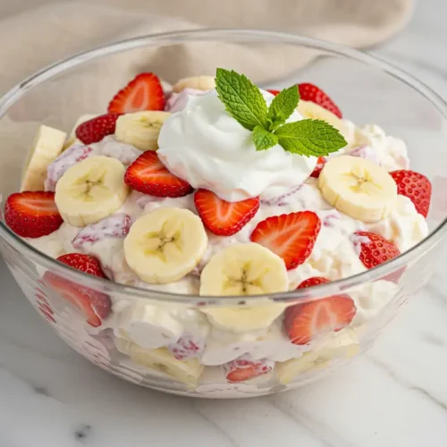 Close-up top-down view of Strawberry Banana Cheesecake Salad assembling in a large bowl, showing fluffy cheesecake mixture being gently folded into sliced strawberries and bananas.