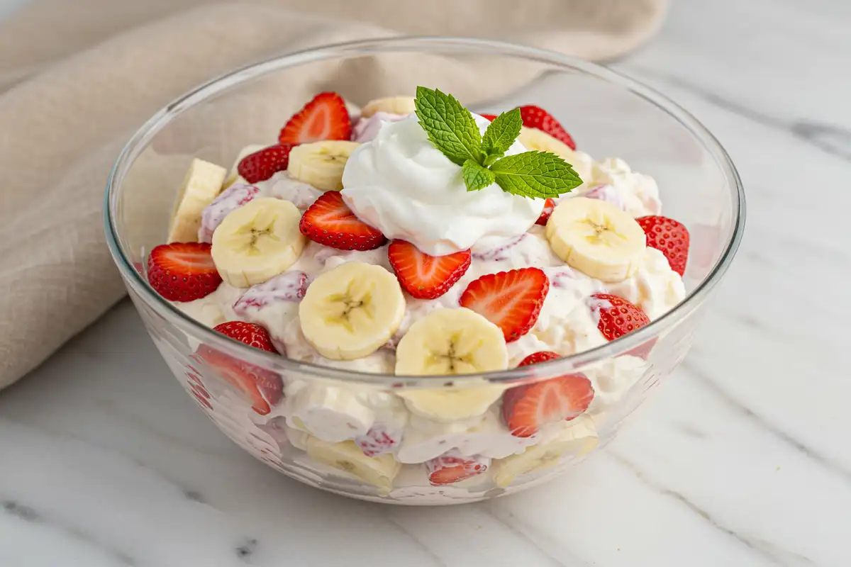 Close-up top-down view of Strawberry Banana Cheesecake Salad assembling in a large bowl, showing fluffy cheesecake mixture being gently folded into sliced strawberries and bananas.