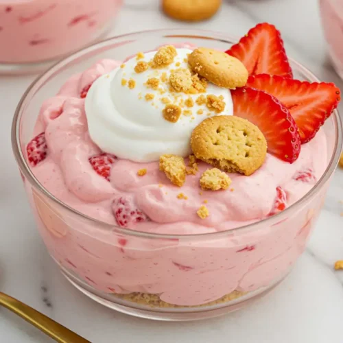 Close-up top-down view of the finished Strawberry Pudding in a glass bowl, garnished with whipped cream, fresh strawberry slices, and cookie crumbles.
