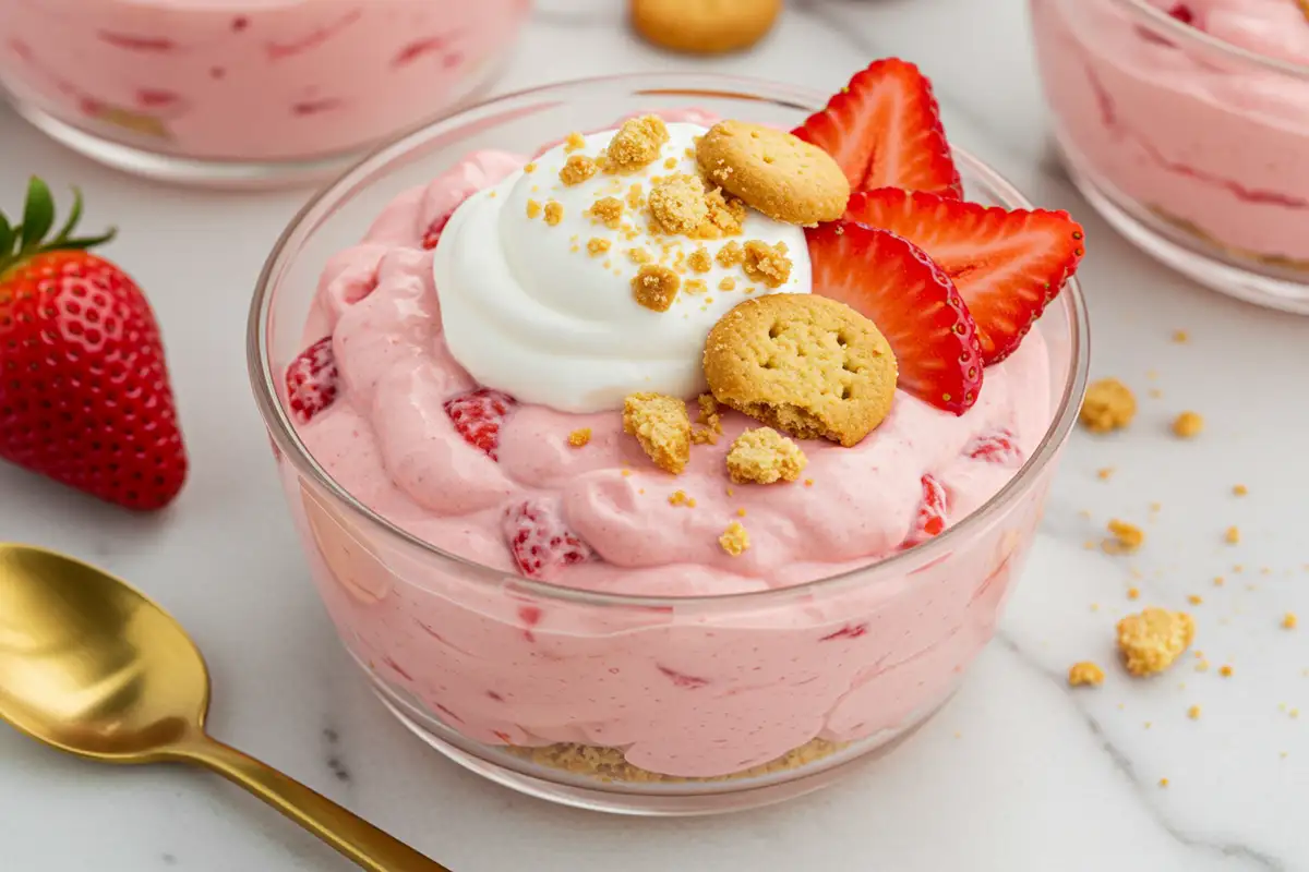 Close-up top-down view of the finished Strawberry Pudding in a glass bowl, garnished with whipped cream, fresh strawberry slices, and cookie crumbles.