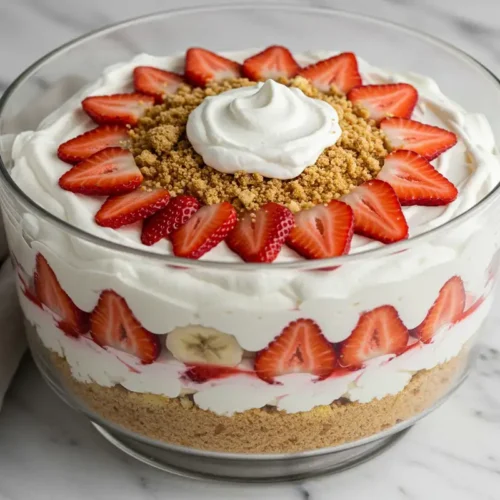 Close-up top-down view of the finished Strawberry Shortcake Banana Pudding in a glass trifle bowl, garnished with whipped cream, fresh strawberries, and cake crumbles.
