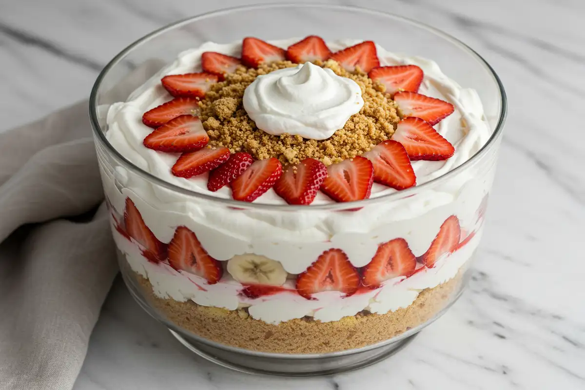 Close-up top-down view of the finished Strawberry Shortcake Banana Pudding in a glass trifle bowl, garnished with whipped cream, fresh strawberries, and cake crumbles.