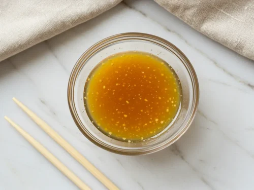 Close-up top-down view of the finished Yuzu Sauce in a small glass bowl with subtle wear, showing its smooth brownish-yellow texture, looking natural and home-prepared on a marble surface.