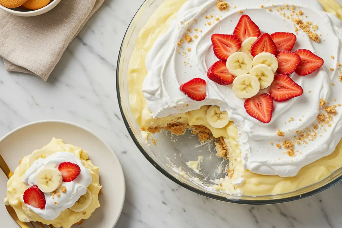 Close-up top-down view of finished strawberry banana pudding in a dish, garnished with whipped cream and fresh strawberries.