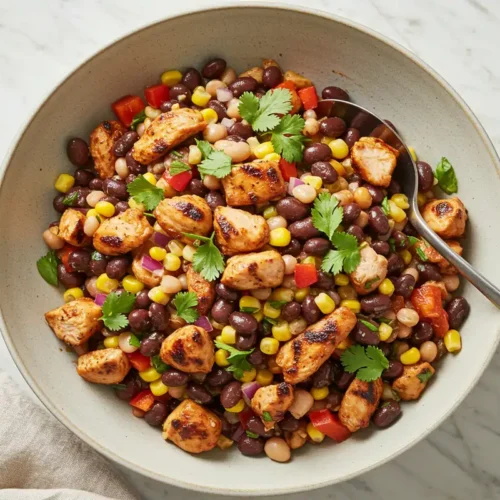 Top-down close-up of the finished Grilled Chipotle Chicken and Corn Dense Bean Salad in a serving bowl, garnished with cilantro.