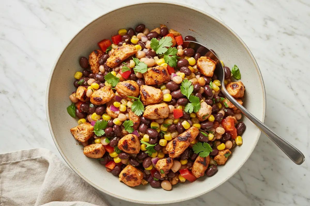 Top-down close-up of the finished Grilled Chipotle Chicken and Corn Dense Bean Salad in a serving bowl, garnished with cilantro.