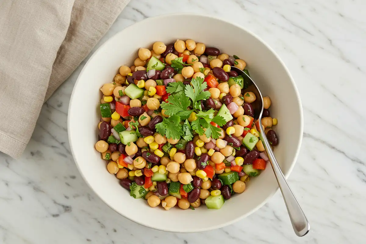 Close-up top-down view of a finished high-protein vegan dense bean salad in a serving bowl, garnished with fresh herbs.