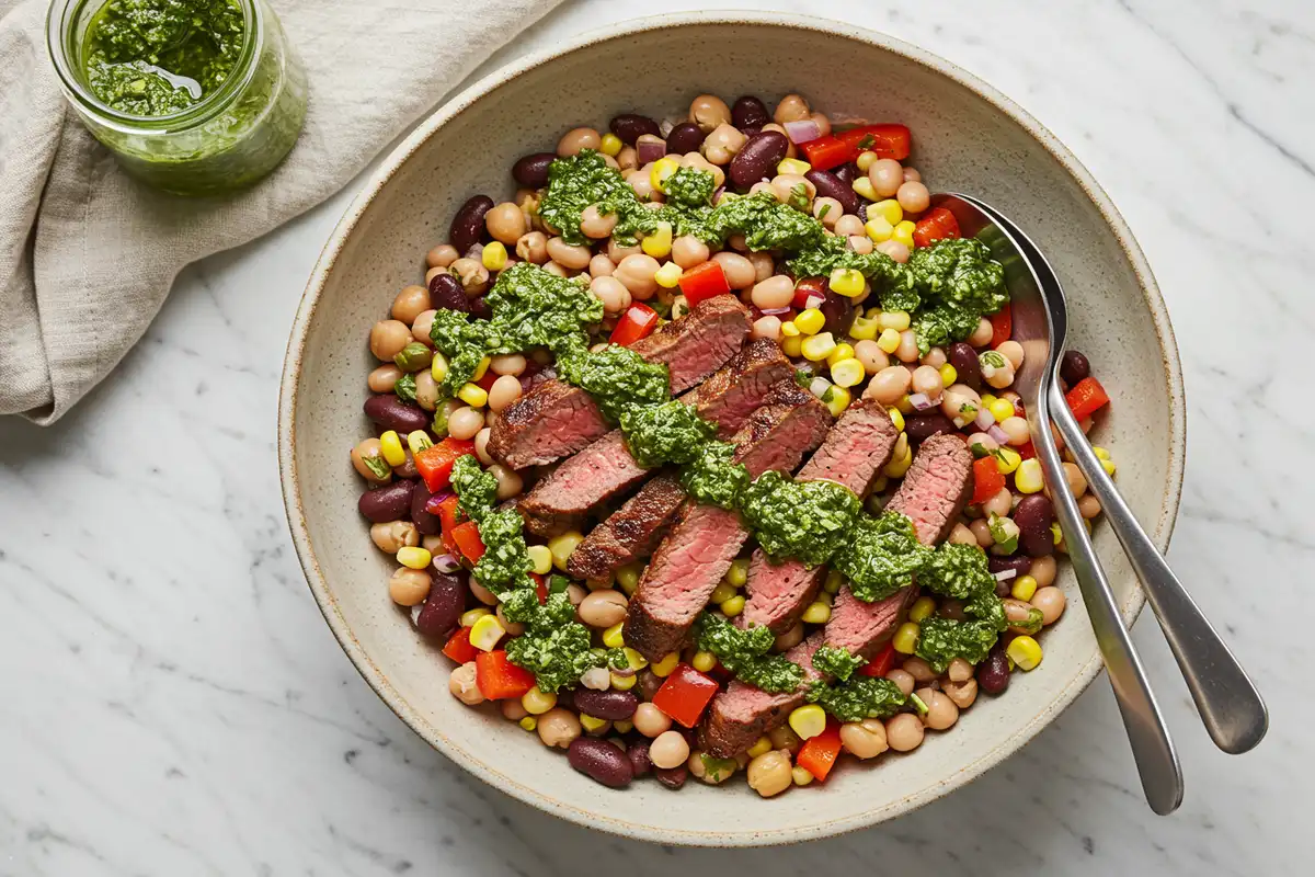 Top-down close-up of the finished steak chimichurri dense bean salad in a serving bowl, drizzled with chimichurri.