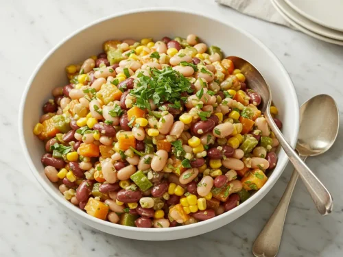 Close-up top-down view of a finished dense bean salad in a serving bowl, garnished with fresh parsley.