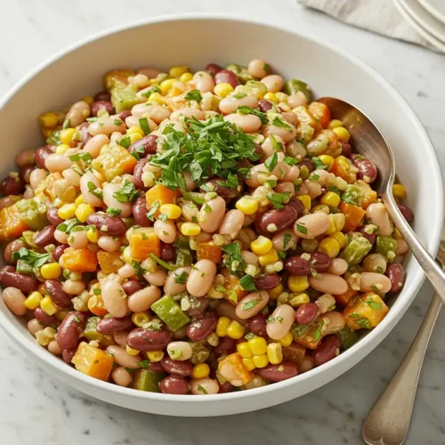 Close-up top-down view of a finished dense bean salad in a serving bowl, garnished with fresh parsley.