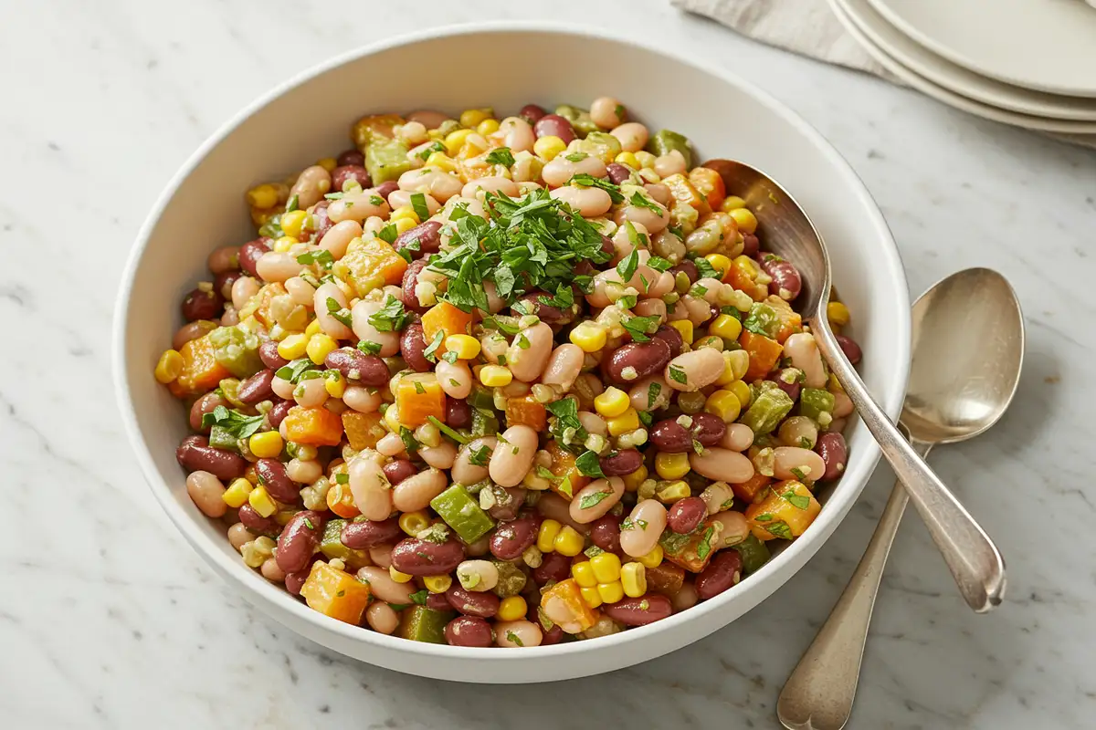 Close-up top-down view of a finished dense bean salad in a serving bowl, garnished with fresh parsley.