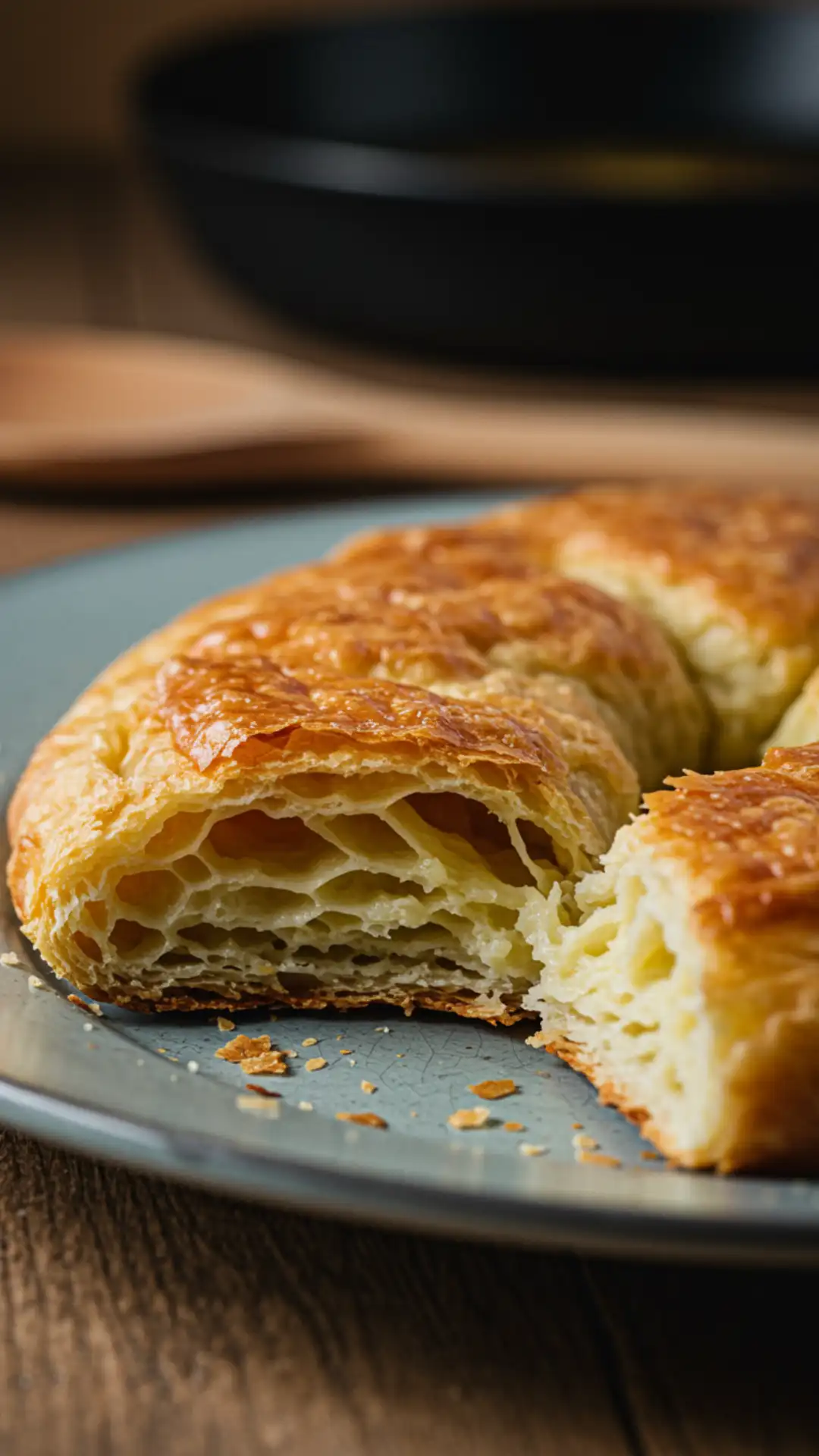 Puffy, raw Gipfeli dough crescents brushed with egg wash on a baking sheet, ready for the oven.