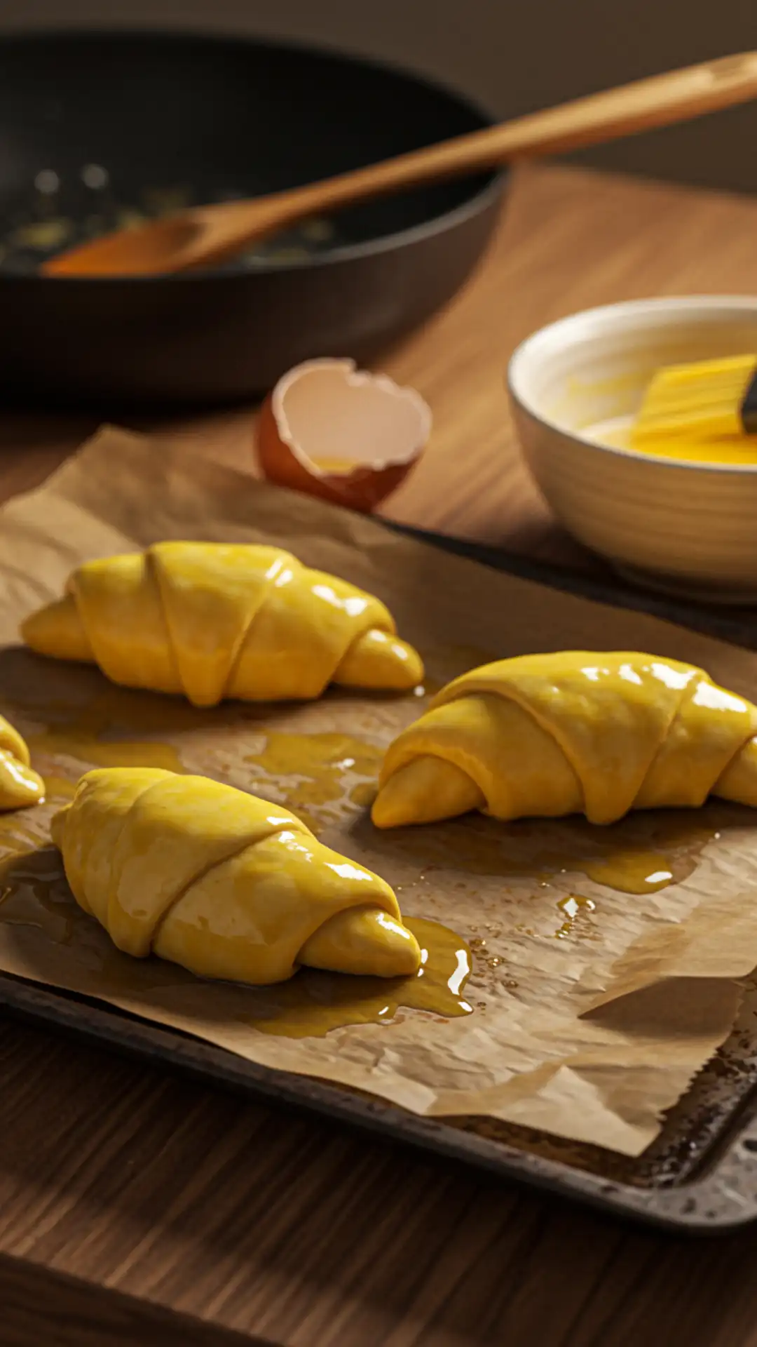 Dough being folded over a butter layer (lamination) on a floury wooden counter, captured mid-action.