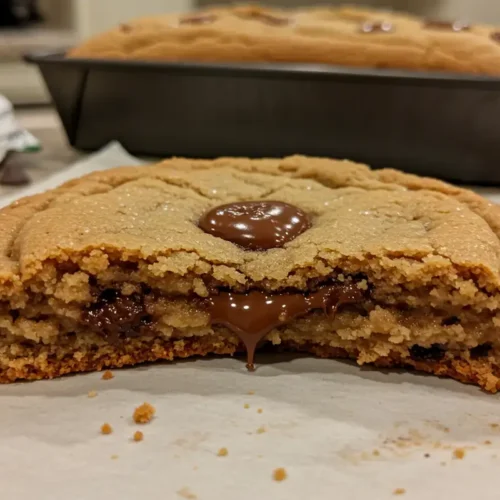 Extreme close-up: gooey footlong cookie section with melty chocolate chip, buttery edge.
