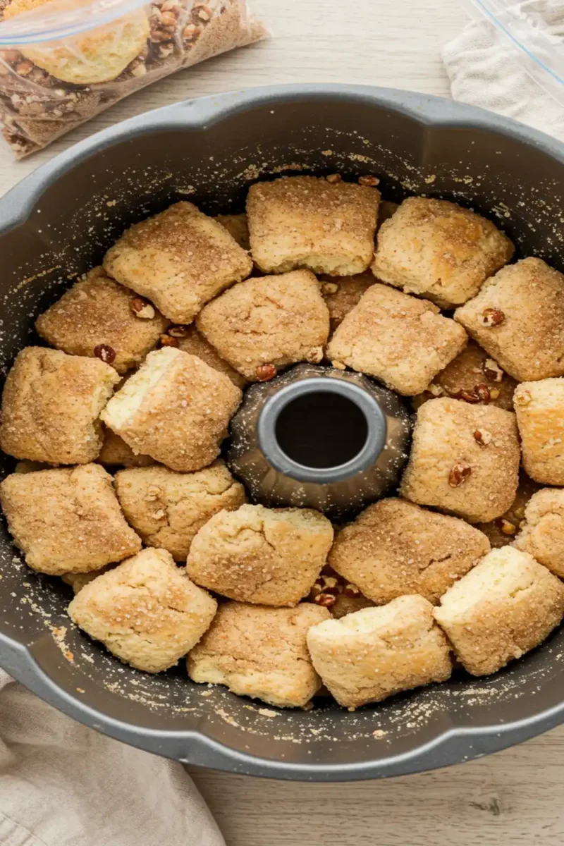 Close-up top-down view of Easy Monkey Bread being assembled in a Bundt pan, showing cinnamon-sugar coated biscuit pieces layered with optional nuts/raisins, natural home-assembly feel.