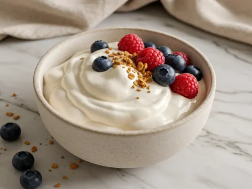 Close-up top-down view of the finished Fluffy Yogurt in a simple bowl with subtle wear, showing its light airy texture, garnished with fresh berries and granola, looking natural and home-prepared on a marble surface.