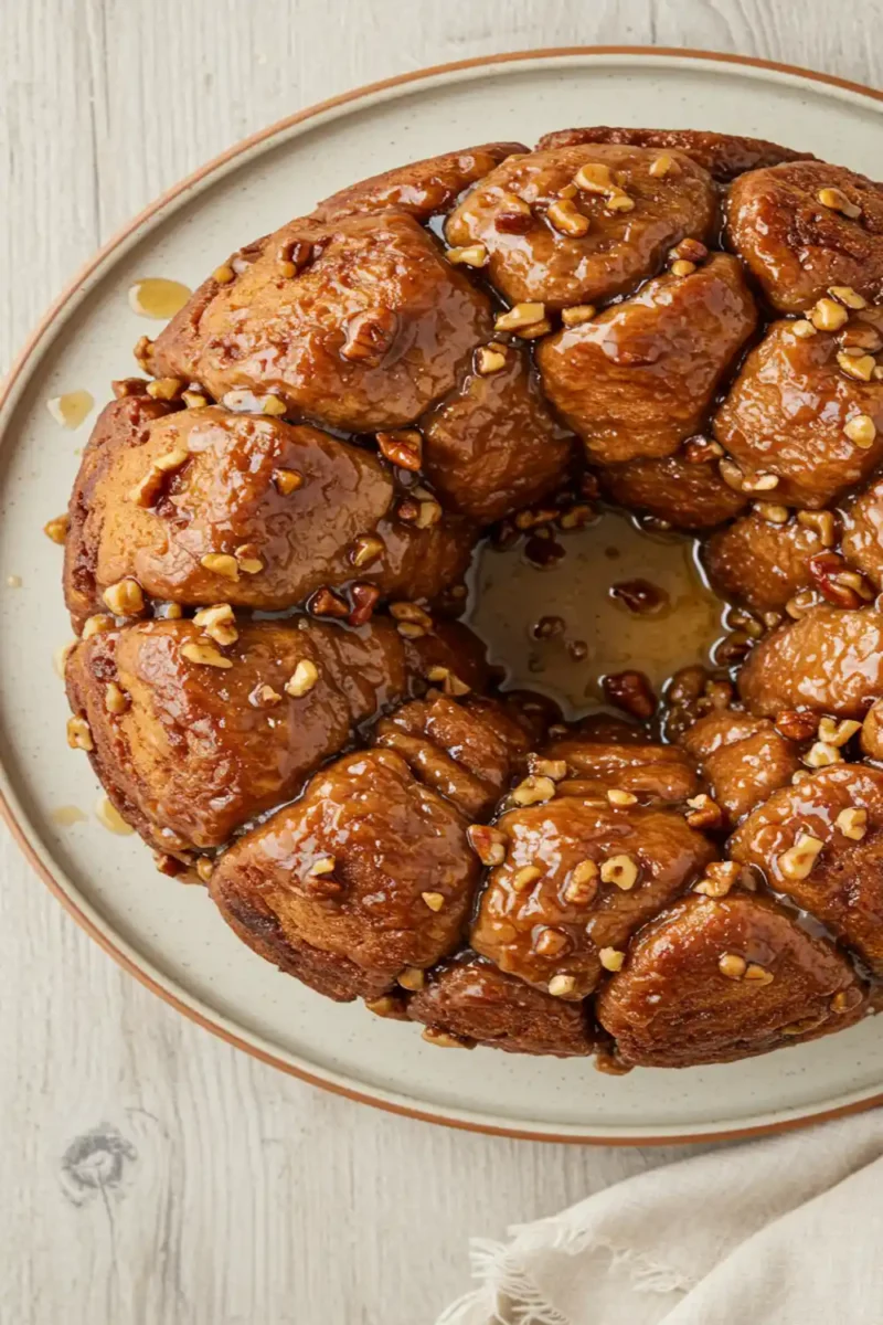 Easy Monkey Bread on a serving plate, showing golden brown, glazed pull-apart pieces, looking sticky, natural, and home-baked.