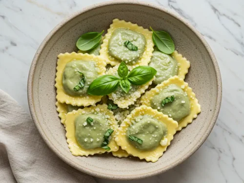 Close-up top-down view of the finished Homemade Spinach Ricotta Ravioli in a rustic stoneware bowl with subtle wear, garnished with grated Parmesan cheese and fresh basil, looking natural and home-prepared.
