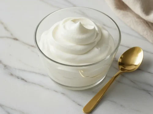 Close-up top-down view of the finished Whipped Greek Yogurt in a simple bowl with subtle wear, showing its light, airy, fluffy texture with soft peaks, looking natural and home-prepared on a marble surface.