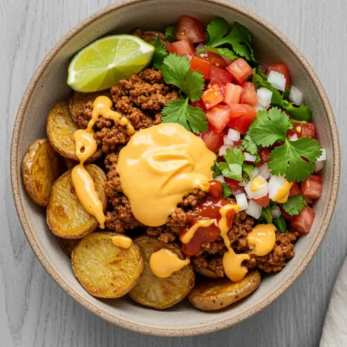 Close-up top-down view of a finished Loaded Fiesta Potato Bowl in a rustic bowl, featuring crispy potatoes, taco meat, cheese sauce, diced tomato, cilantro, onion, and hot sauce, looking natural and home-prepared.