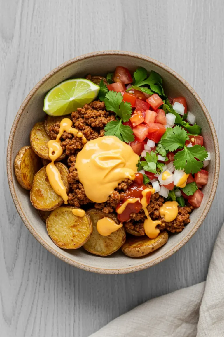 Close-up top-down view of a finished Loaded Fiesta Potato Bowl in a rustic bowl, featuring crispy potatoes, taco meat, cheese sauce, diced tomato, cilantro, onion, and hot sauce, looking natural and home-prepared.