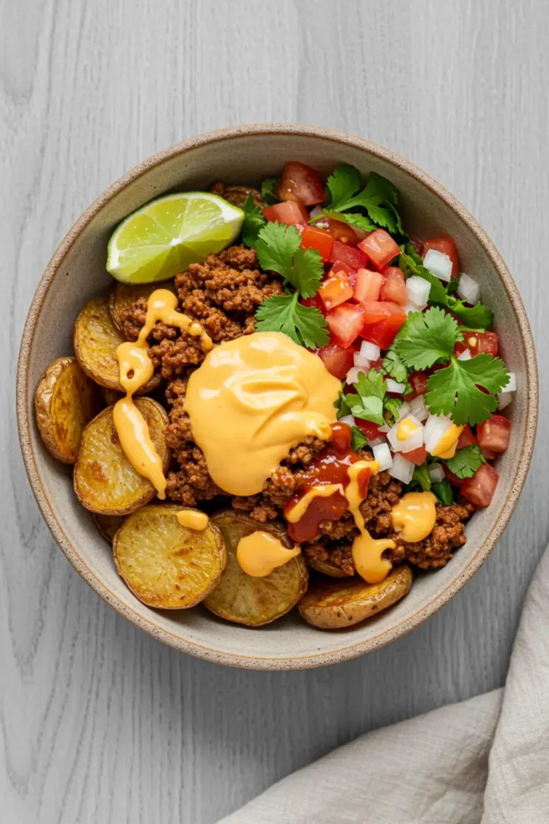 Close-up top-down view of a finished Loaded Fiesta Potato Bowl in a rustic bowl, featuring crispy potatoes, taco meat, cheese sauce, diced tomato, cilantro, onion, and hot sauce, looking natural and home-prepared.
