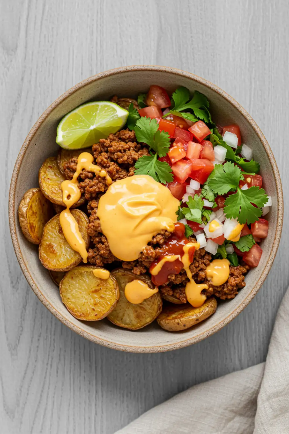 Close-up top-down view of a finished Loaded Fiesta Potato Bowl in a rustic bowl, featuring crispy potatoes, taco meat, cheese sauce, diced tomato, cilantro, onion, and hot sauce, looking natural and home-prepared.