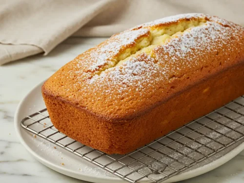 Close-up top-down view of a whole Moist Greek Yogurt Cake loaf on a plate/rack with subtle wear, featuring a golden-brown crust lightly dusted with powdered sugar, looking natural and home-prepared on a marble surface.