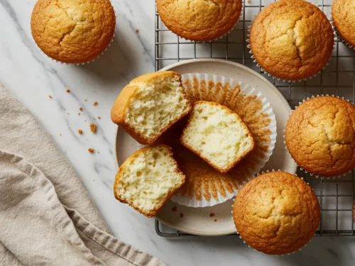 Close-up top-down view of finished golden-brown Greek Yogurt Muffins on a plate/rack with subtle wear, one broken open showing a visibly moist and tender crumb, looking natural and home-prepared on a marble surface.
