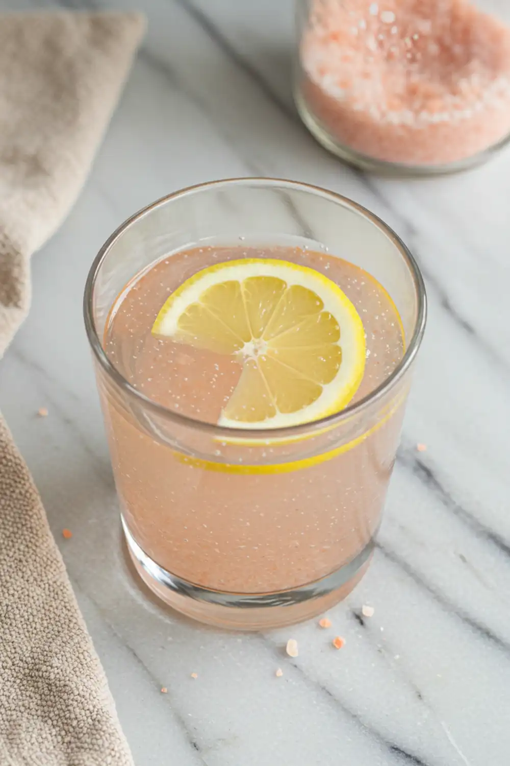 Close-up top-down view of the finished Pink Salt Trick Recipe drink in a glass, showing clear water with dissolved pink salt (and optional lemon slice), looking simple, natural, and home-prepared.