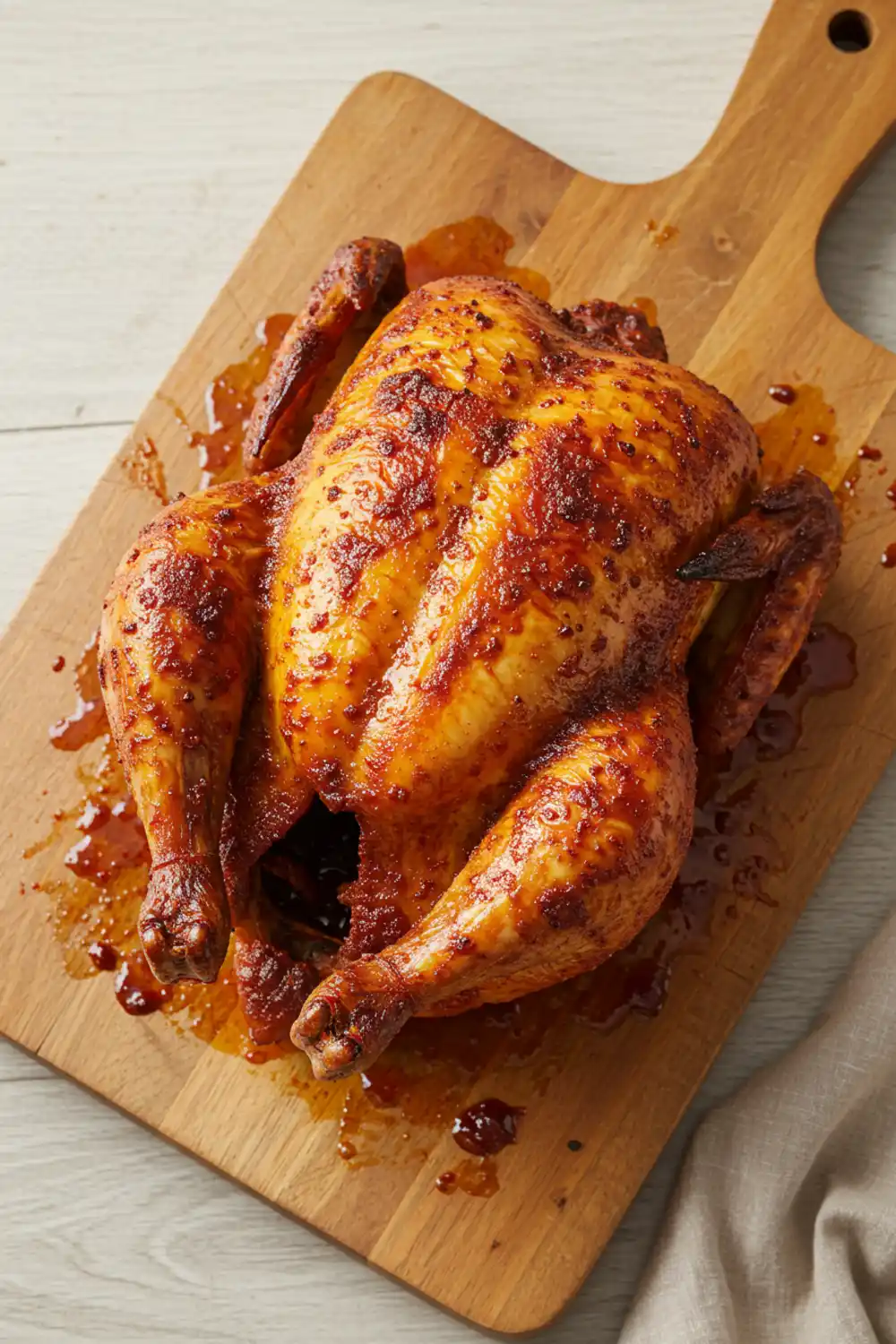 Close-up top-down view of the finished roasted Lava Chicken recipe from Minecraft movie on a platter, showing crispy, deep red "lava" skin, looking juicy and flavorful, natural and home-roasted.