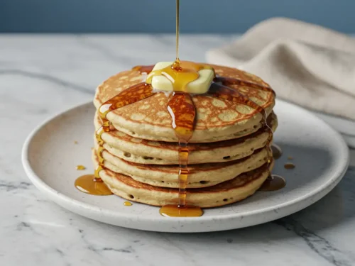 Close-up top-down view of a stack of fluffy, golden-brown Greek Yogurt Pancakes on a white plate with subtle wear, topped with melting butter and drizzled maple syrup, looking natural and home-prepared on a marble surface.
