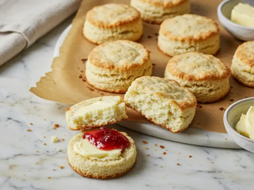 Close-up top-down view of finished golden-brown Greek Yogurt Biscuits (cut rounds/drop style) resting closely together on parchment/plate with subtle wear, showing their fluffy tops, looking natural and home-prepared on a marble surface.