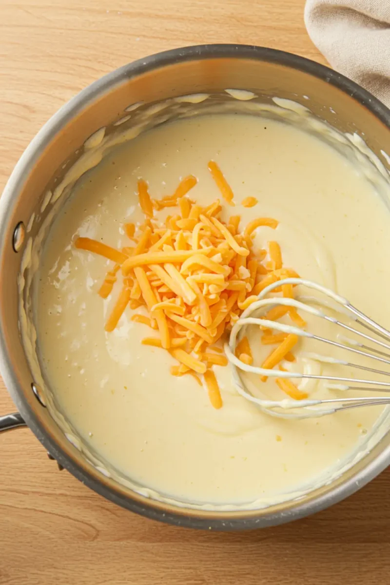 Close-up top-down view of cheese sauce being made for Loaded Fiesta Potato Bowls in a saucepan, showing freshly grated cheddar melting into creamy white sauce, with a natural, home-cooked feel.