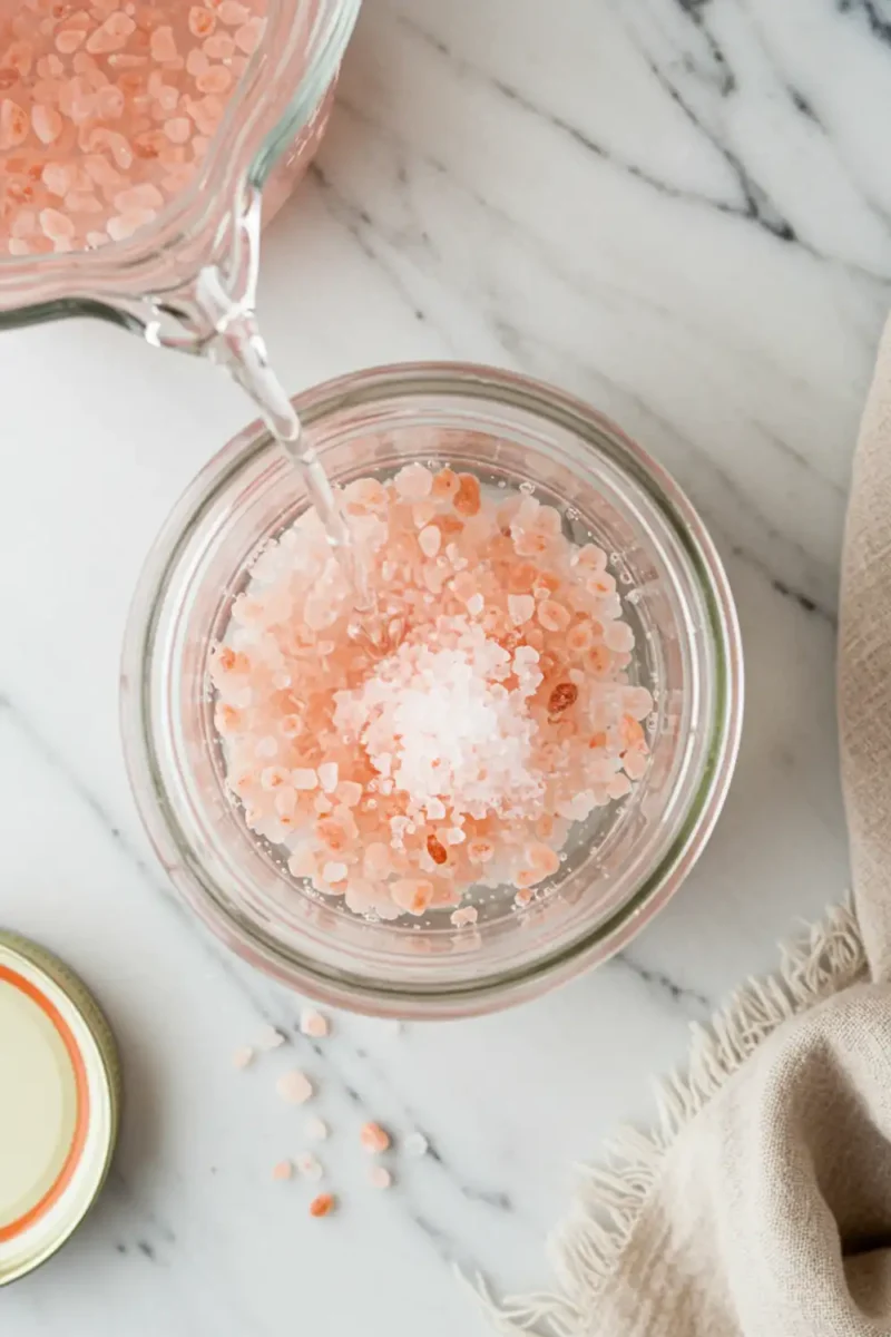 Close-up top-down view of "Sole" concentrate being made for Pink Salt Trick Recipe in a glass jar, showing Pink Himalayan Salt dissolving in filtered water, with undissolved crystals visible, natural home-prepared feel.