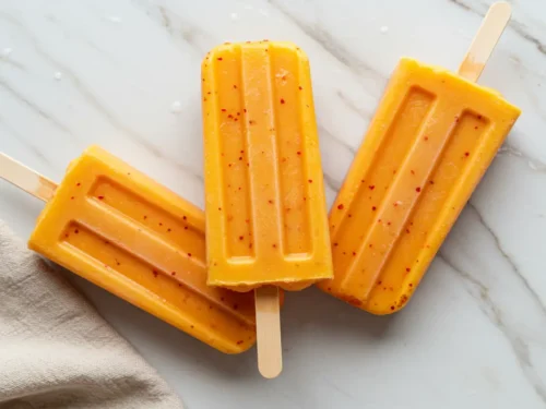 Overhead extreme close-up of vibrant orange Mango Tajin Popsicles showing frosty texture and embedded reddish Tajin flecks, resting on a light marble surface with beige cloth.