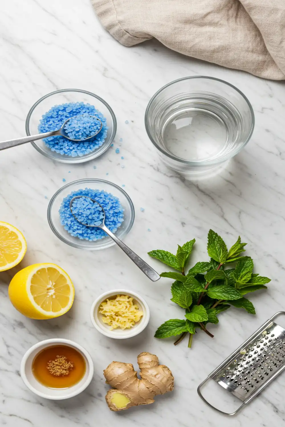 Close-up top-down view of prepped Blue Salt Trick Recipe ingredients: Persian blue salt with blue flecks, glass of filtered water, optional lemon/honey, on a light marble surface with subtle wear, looking natural and home-prepared.