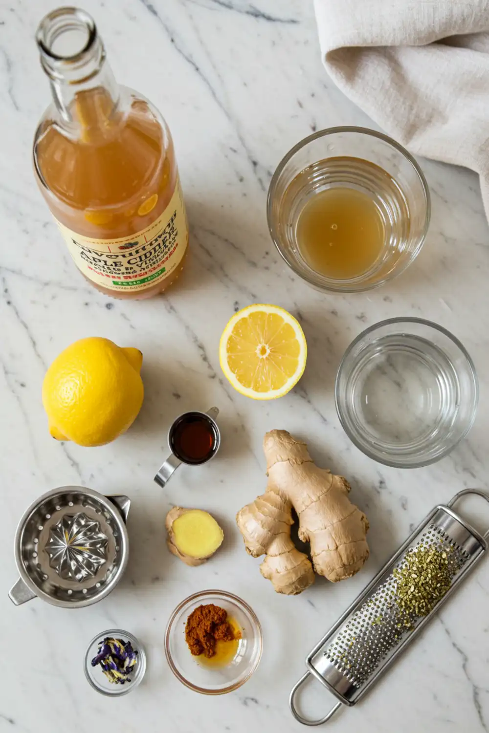 Close-up top-down view of prepped Brazilian Mounjaro inspired drink ingredients: apple cider vinegar, lemon, ginger, honey/maple syrup, water, arranged on a light marble surface with subtle wear, looking natural and home-prepared.