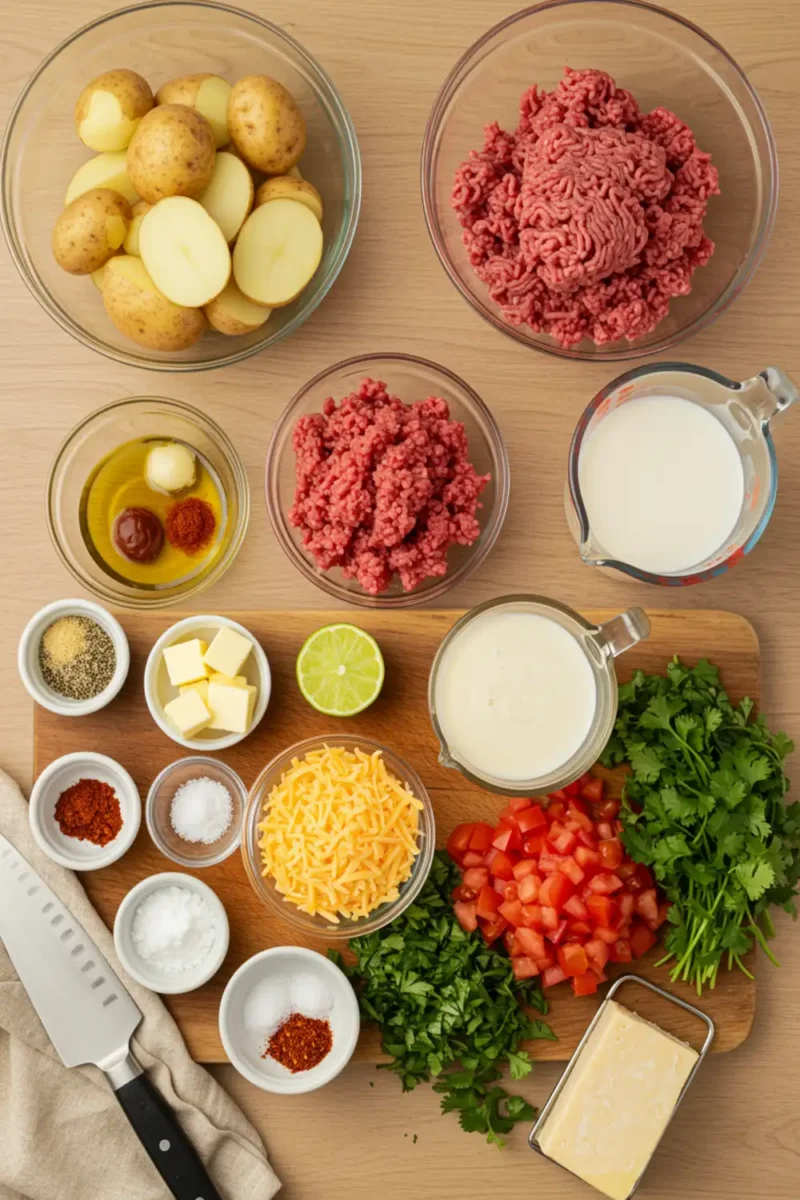 Close-up top-down view of prepped Loaded Fiesta Potato Bowls ingredients: sliced Russet potatoes, ground beef, grated cheddar, spices, fresh toppings, arranged on a light wooden surface with subtle wear, looking natural and home-prepared.