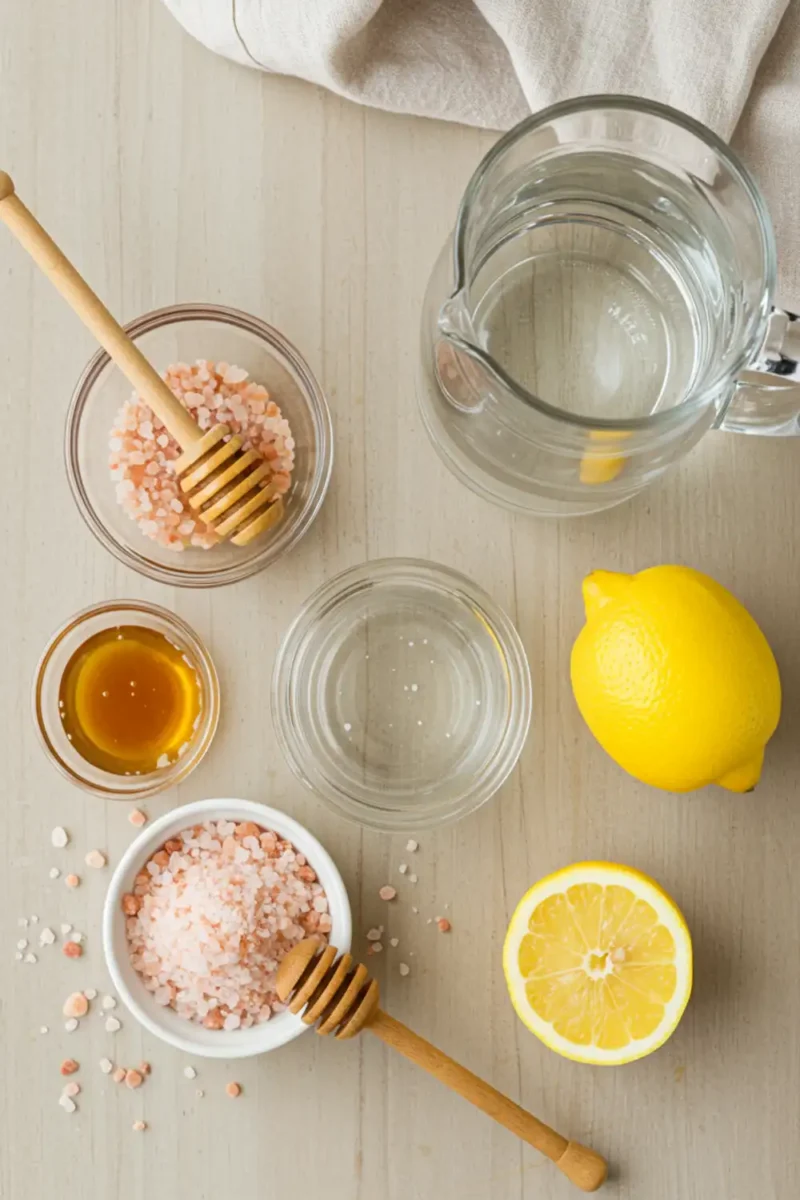 Close-up top-down view of prepped Pink Salt Trick Recipe ingredients: Pink Himalayan Salt, glass jar, filtered water, optional ACV, honey, lemon, arranged on a light surface with subtle wear, looking natural and home-prepared.