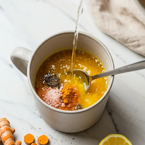 Close-up top-down view of the finished Pink Salt and Turmeric Morning Tonic in a sturdy mug with subtle wear, garnished with a lemon slice, looking natural and home-prepared.