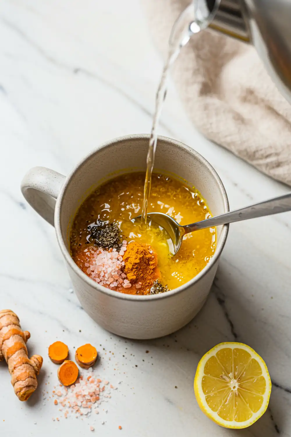 Close-up top-down view of the finished Pink Salt and Turmeric Morning Tonic in a sturdy mug with subtle wear, garnished with a lemon slice, looking natural and home-prepared.